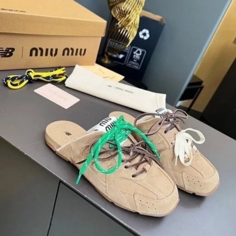 Miu Miu Beige Suede Lace-Up Mule Sneakers with Multicolor Laces